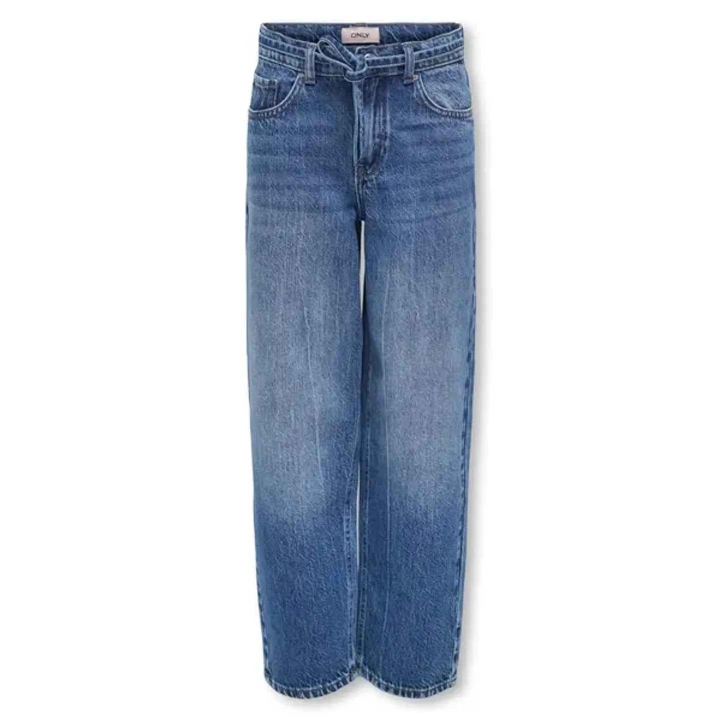 Vue complète du jean fille KOGGIANNA coupe droite en denim bleu moyen avec une large taille élastiqu