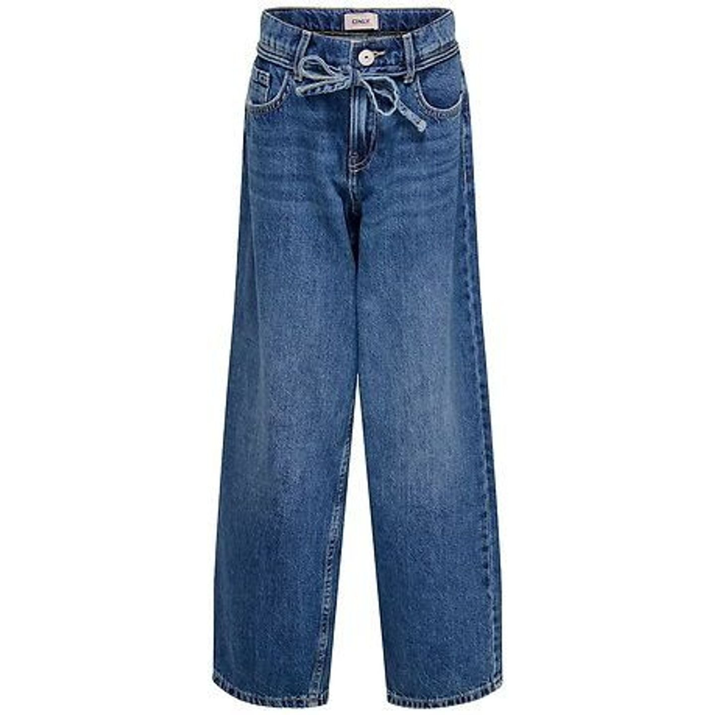 Vue de face du jean fille KOGGIANNA coupe droite en denim bleu moyen, à plat avec cordon de serrage