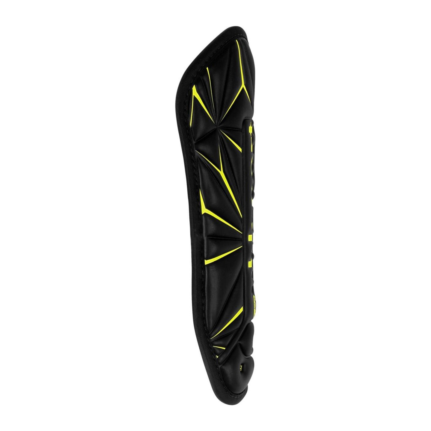 Détail du protège-tibia Uhlsport X Plate : plaque PP souple, mousse absorbante et sangle élastique