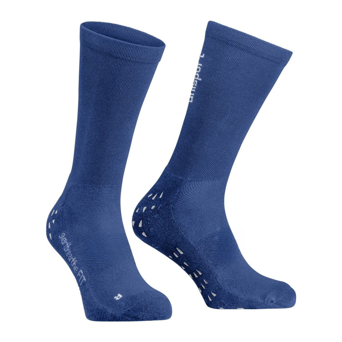 Paire de chaussettes Uhlsport GRIP bleues angle montrant la semelle antidérapante, le logo latéral e