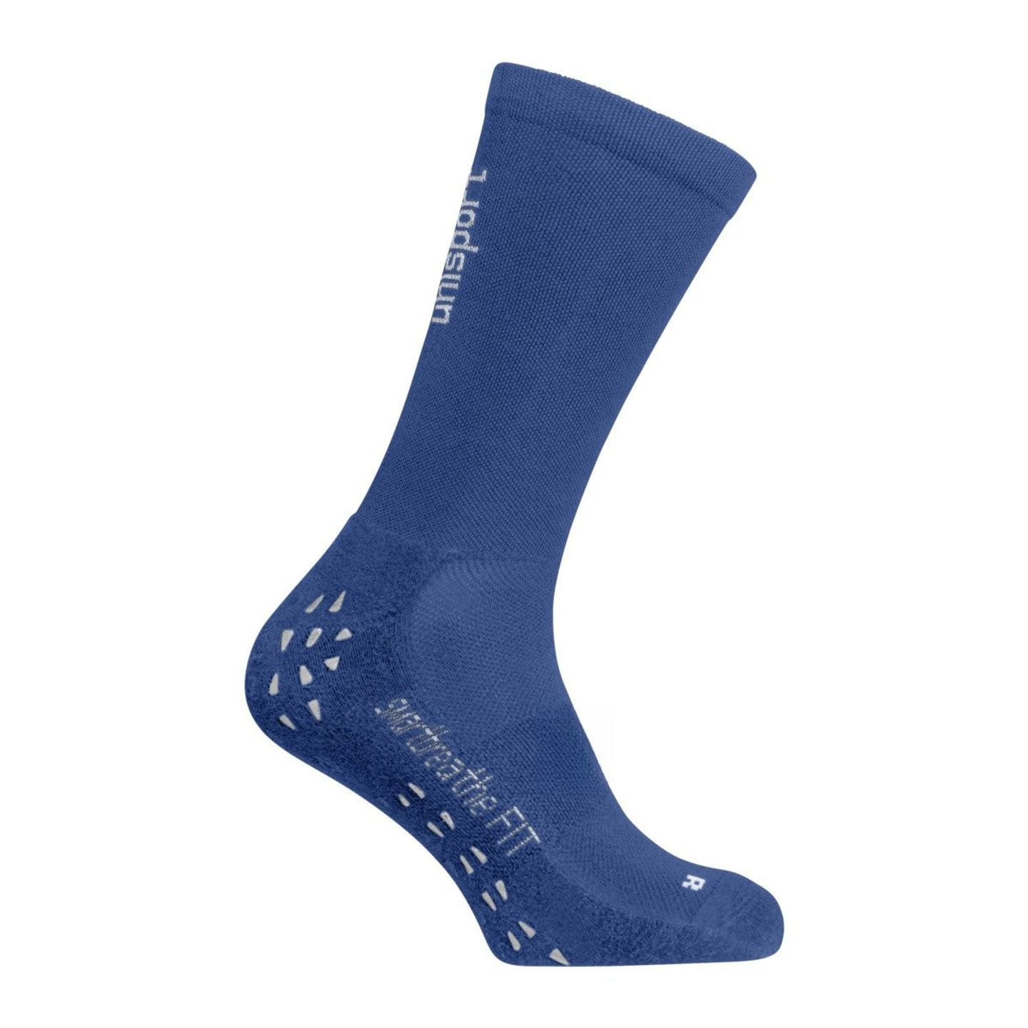 Chaussette de football Uhlsport GRIP bleue vue de profil, zones antidérapantes talon et avant-pied, 