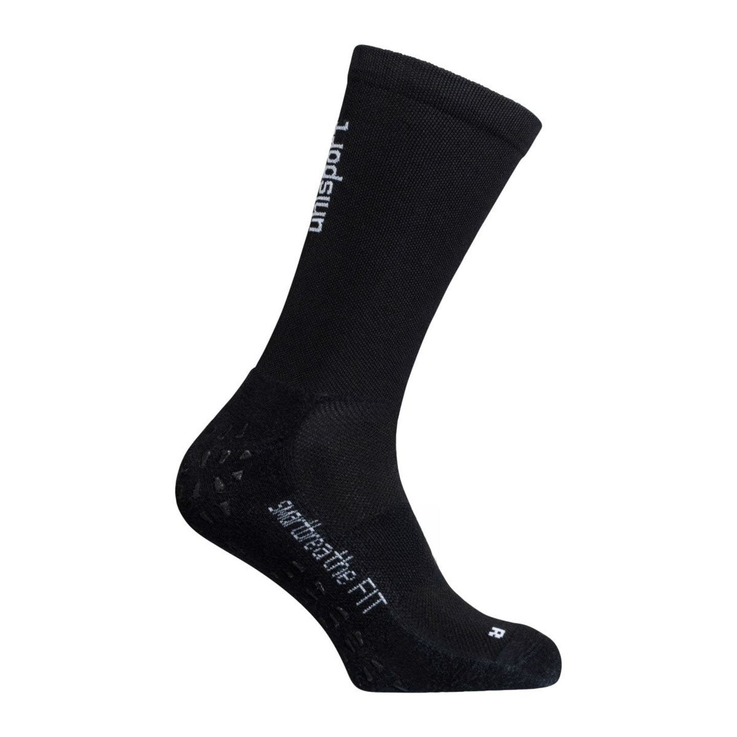 Chaussette Uhlsport Grip noire de profil : texture maille, logo, grip talon et marqueur R à l'orteil