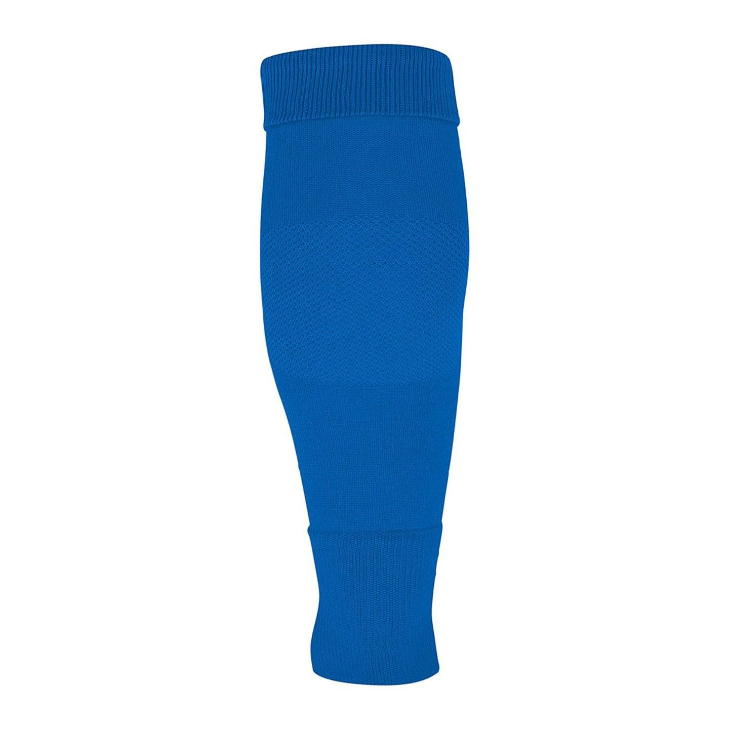 Uhlsport Tube It bleu : manchon mollet tricoté, bord côtelé et panneau mesh ventilé pour maintenir l