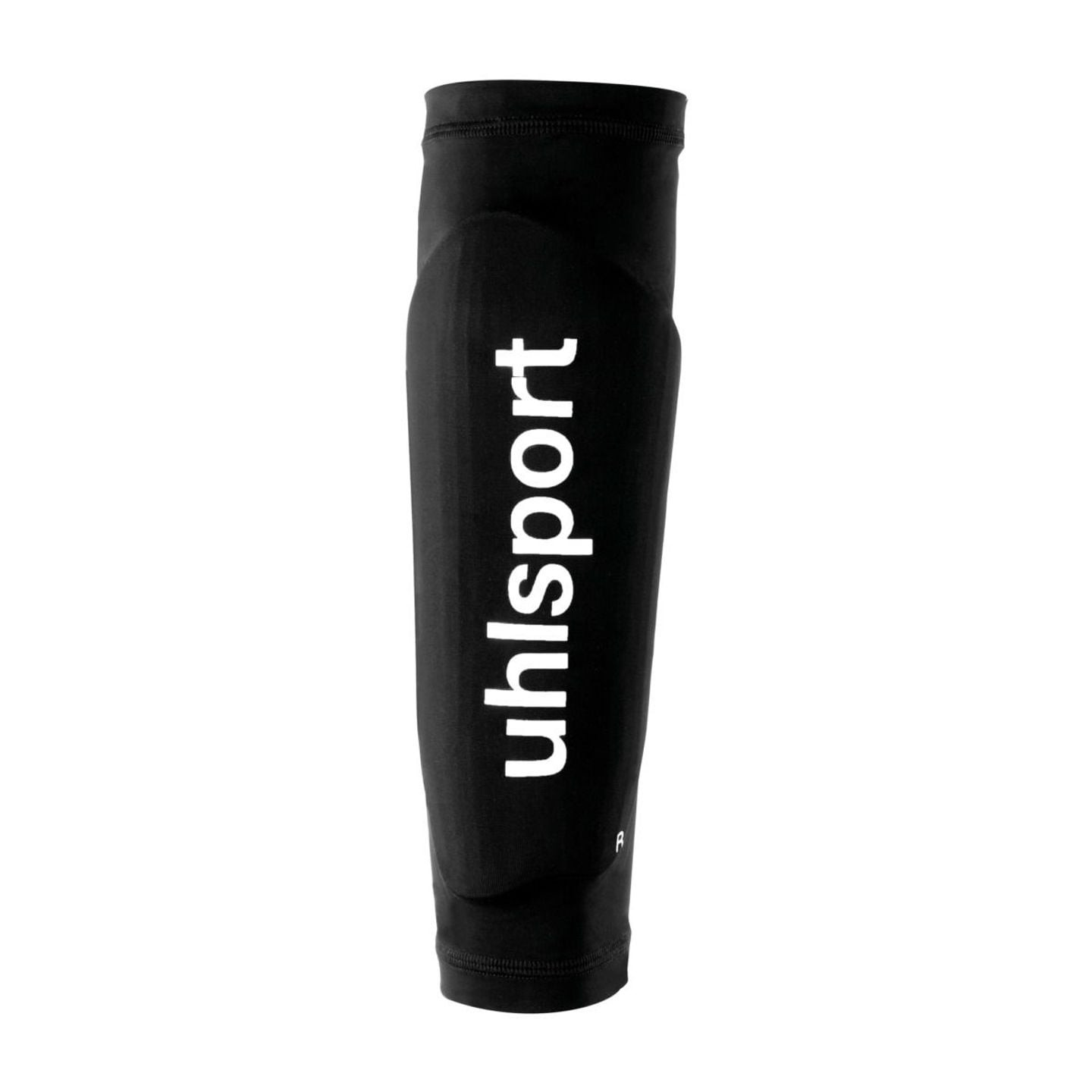 Manchon de compression Uhlsport Guard Sleeve noir pour protège-tibias, debout avec logo vertical bla