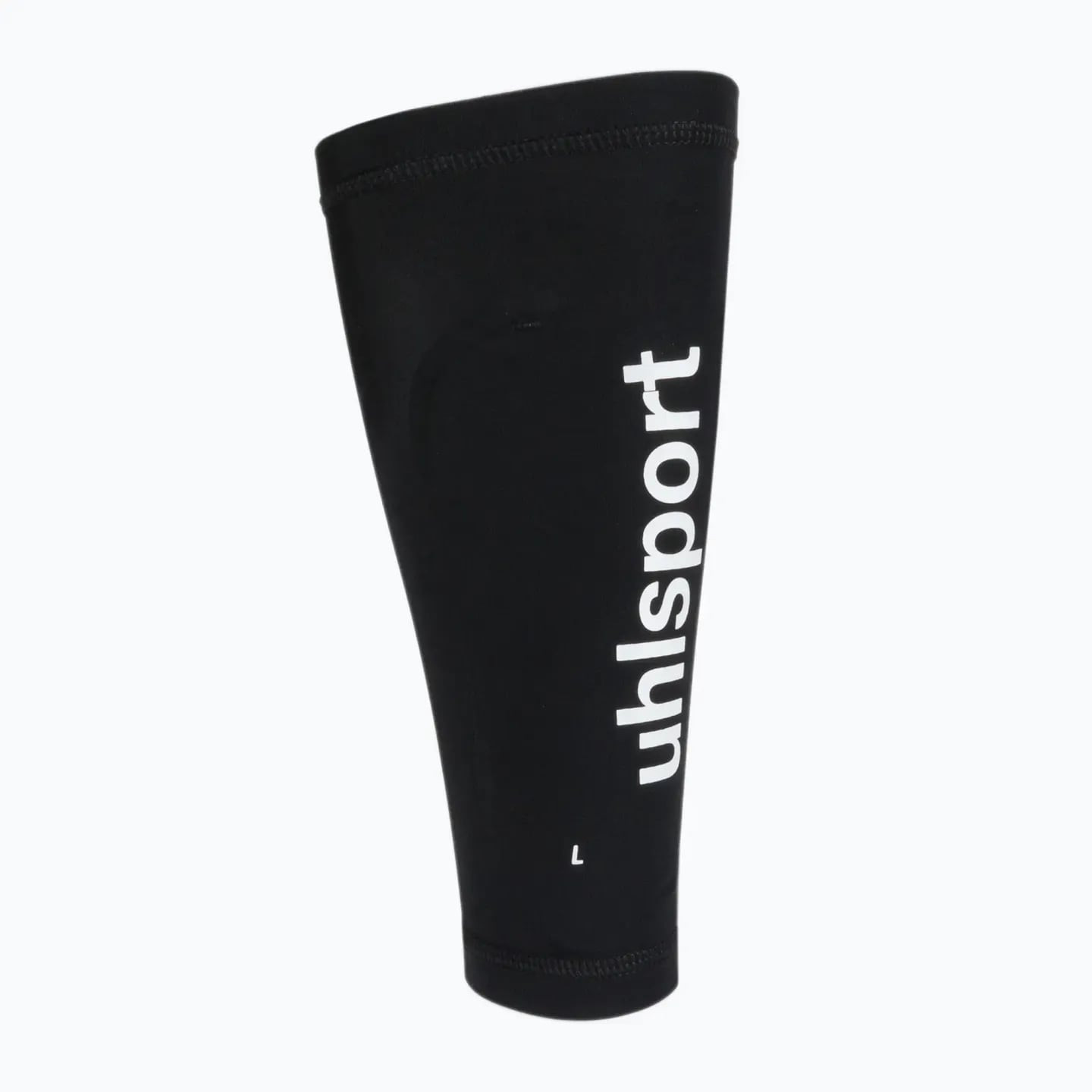 Vue inclinée du manchon Uhlsport noir avec logo blanc et repère de taille L sur le bord élastique