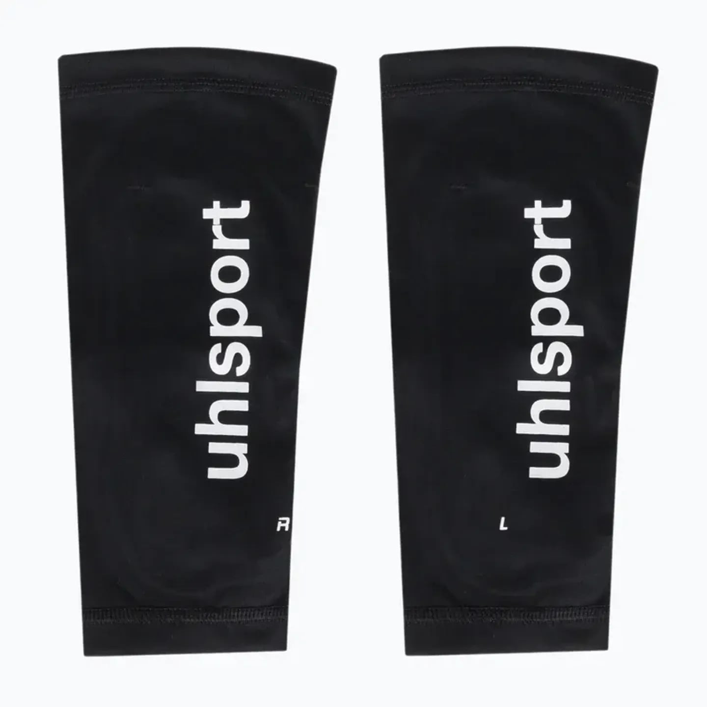 Paire de manchons de compression Uhlsport noirs pour jambe droite et gauche, à plat avec logos blanc
