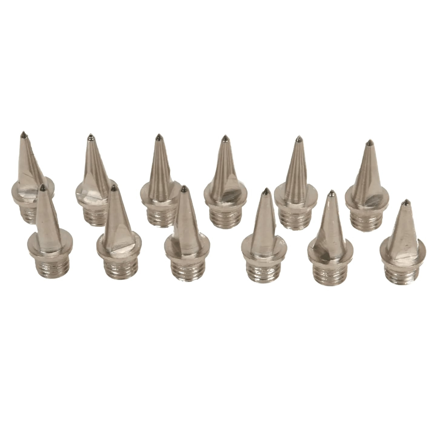Douze pointes d’athlétisme Uhlsport 12 mm en aluminium, bases filetées et pointes argentées acérées.