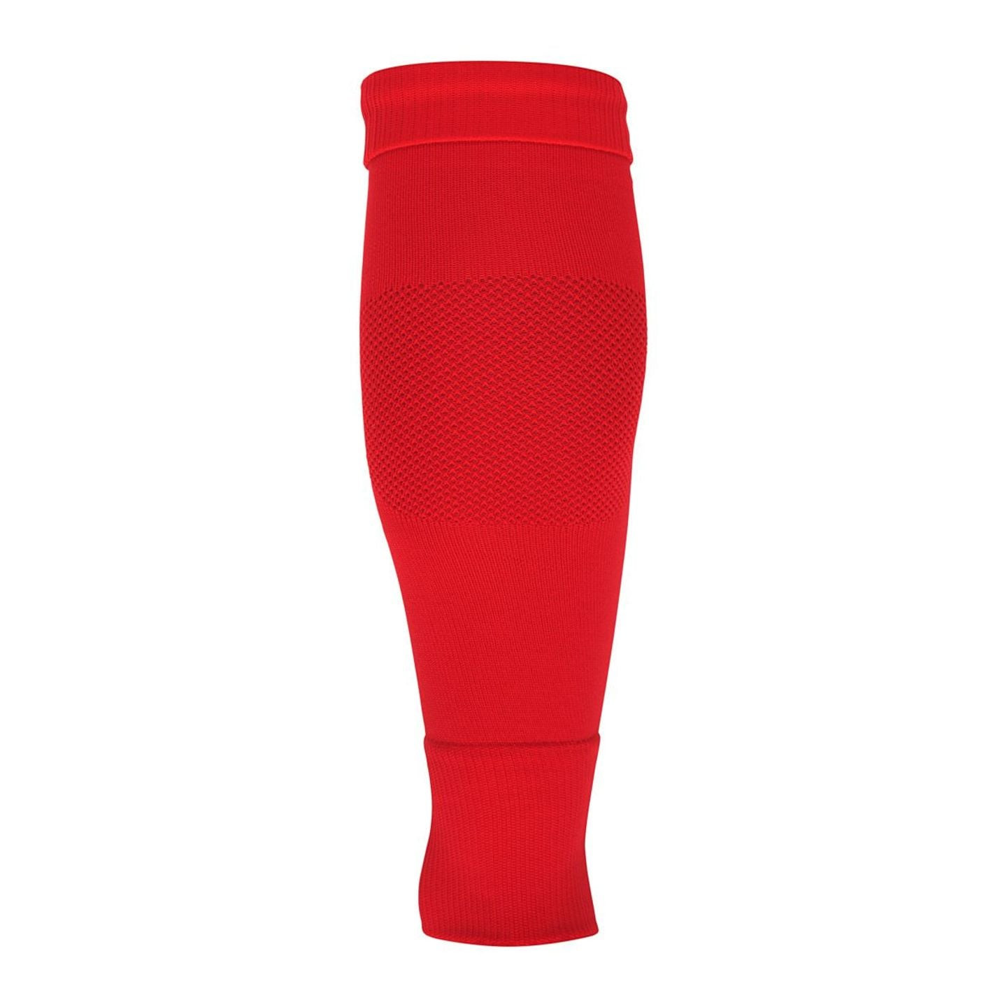 Manchon de protège-tibia uhlsport Tube It Sleeve rouge debout, avec bord côtes et panneau mesh aéré.