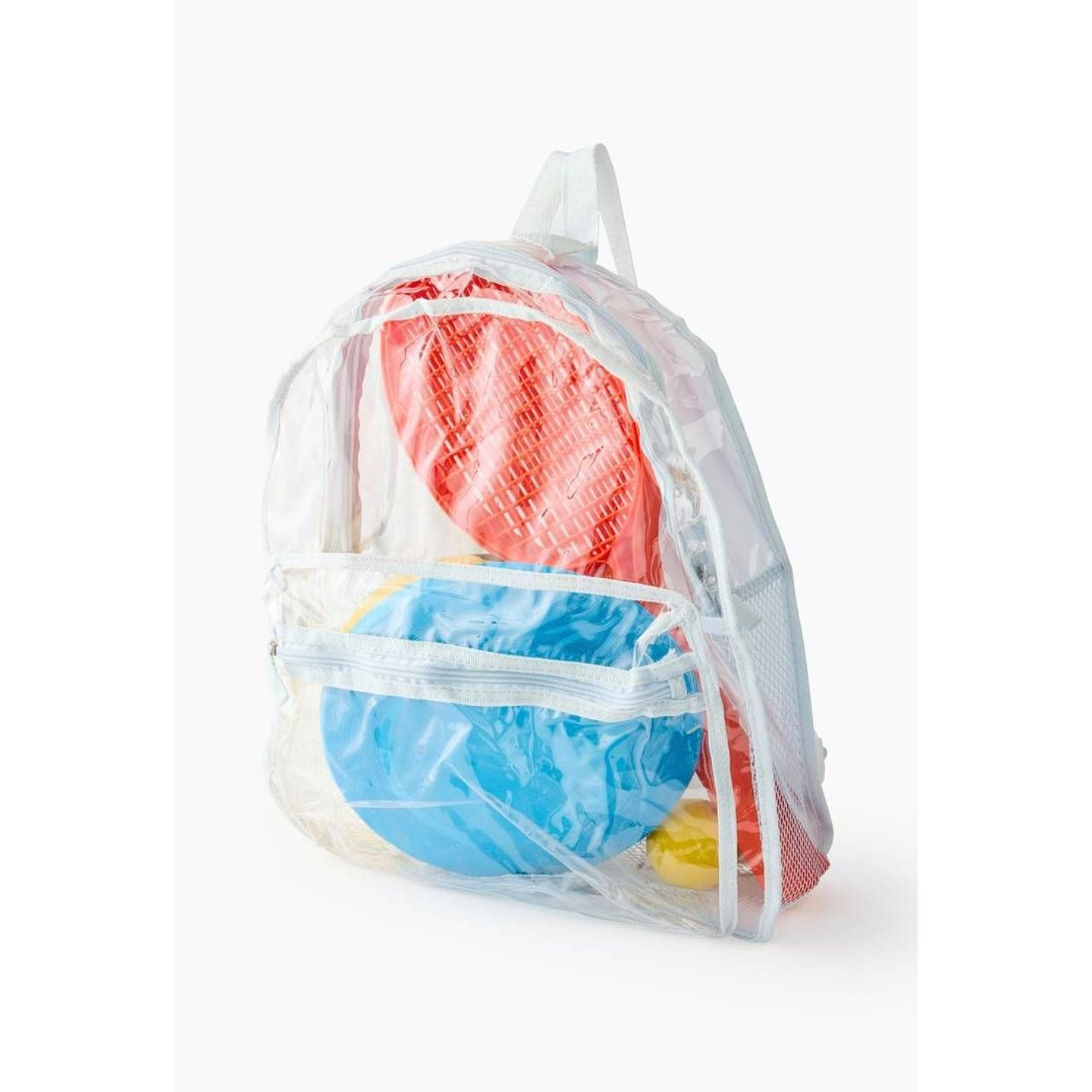 Sac à dos sport transparent en plastique avec fermeture éclair rempli d'équipements sportifs colorés