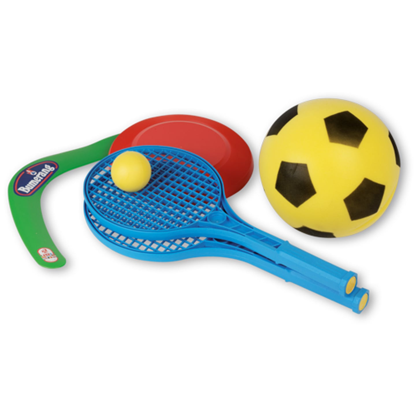 Contenu du sac sport : boomerang vert, raquettes bleues avec balle, frisbee rouge et ballon de foot 