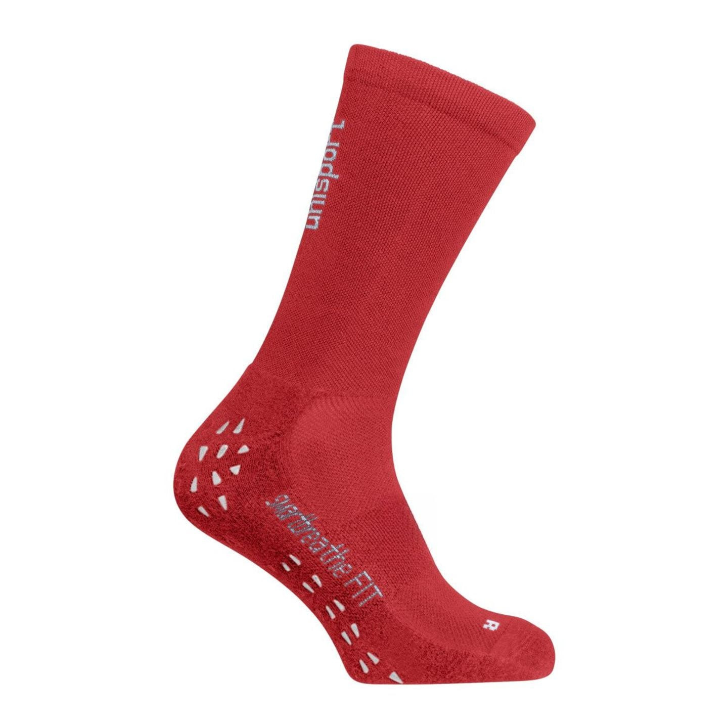 Chaussette UHLSPORT GRIP rouge de profil, picots antidérapants blancs sous la semelle et label airbr