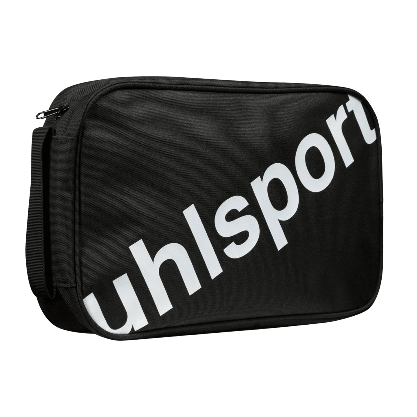 Sac à gants Uhlsport noir avec grand logo blanc diagonal, fermeture éclair et bandoulière