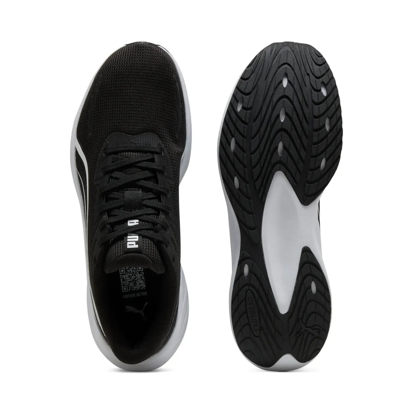 Vue de dessus des PUMA Pounce Lite 2 noires en maille, à côté de leur semelle PROTREAD noire et seme