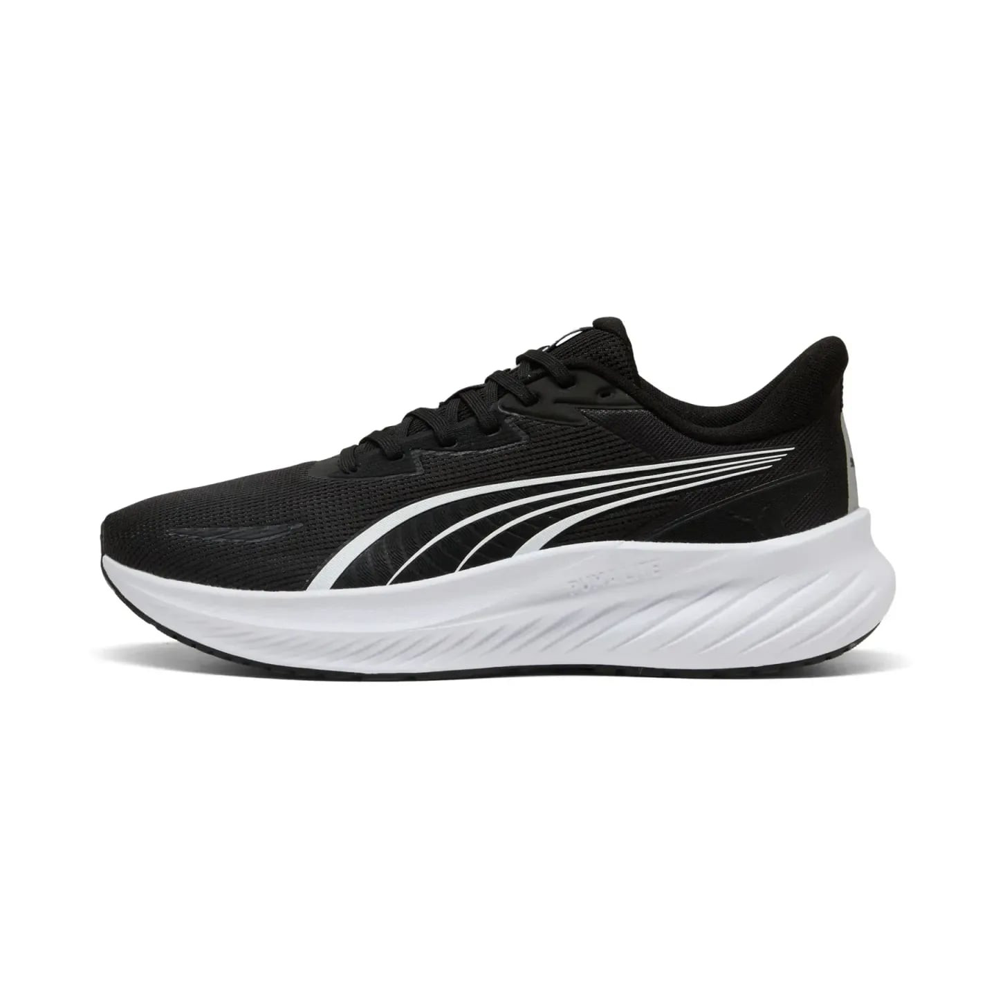 Profil latéral PUMA Pounce Lite 2 : maille noire, Formstrip blanche et semelle PUMALite blanche scul