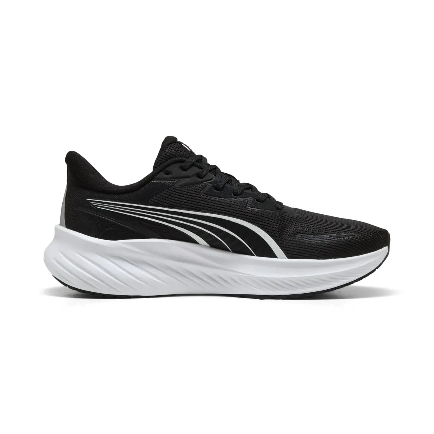 Vue latérale inversée de la PUMA Pounce Lite 2 noire, tige en maille et semelle intermédiaire en mou