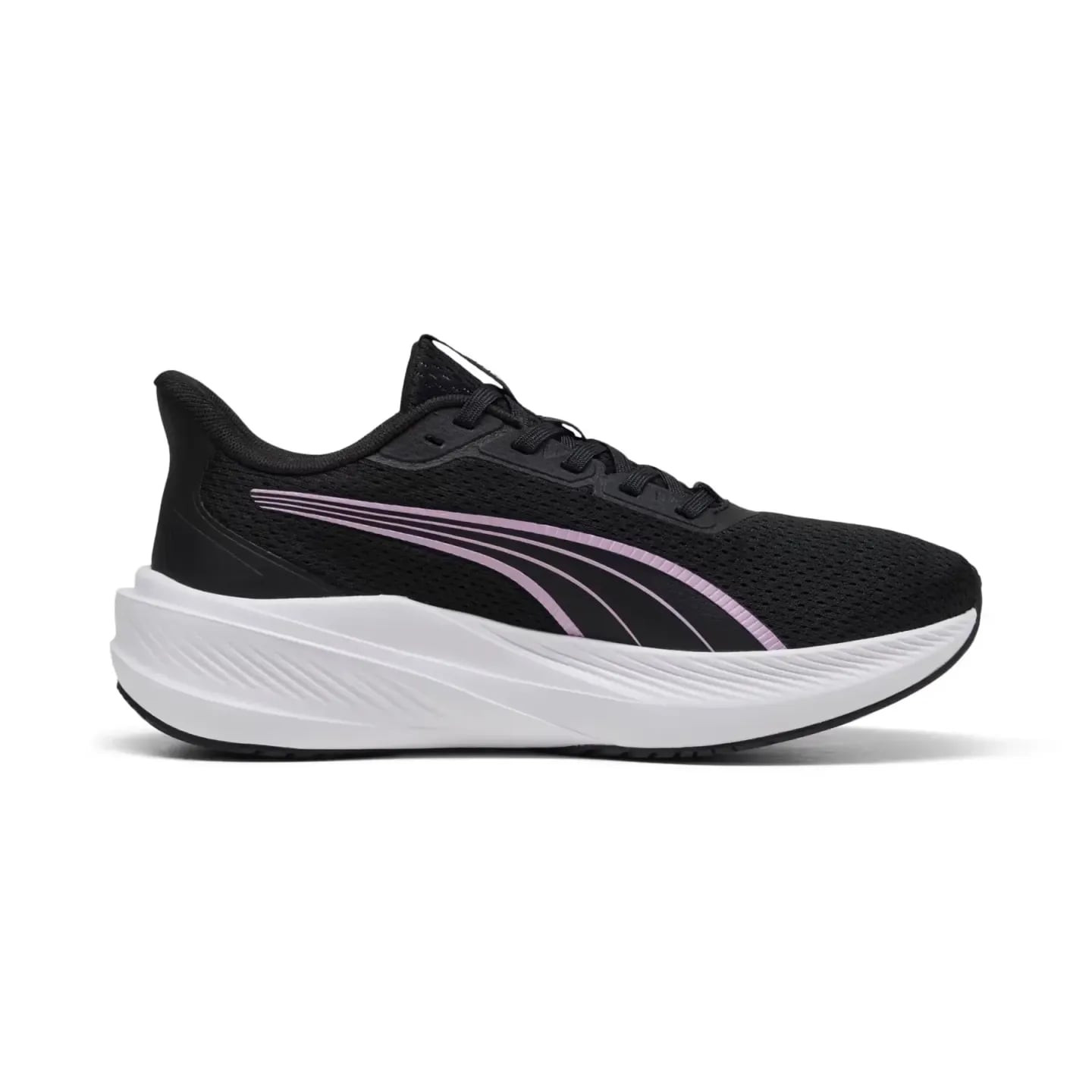Vue de profil de la chaussure de running PUMA Dasher Lite noire avec accents roses sur une épaisse s