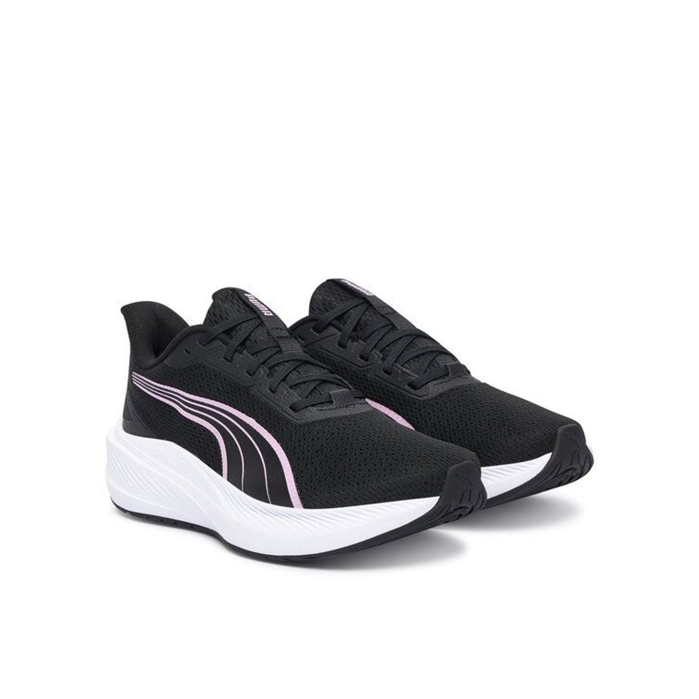 Paire de chaussures de running PUMA Dasher Lite noires avec Formstrip rose et semelle blanche épaiss