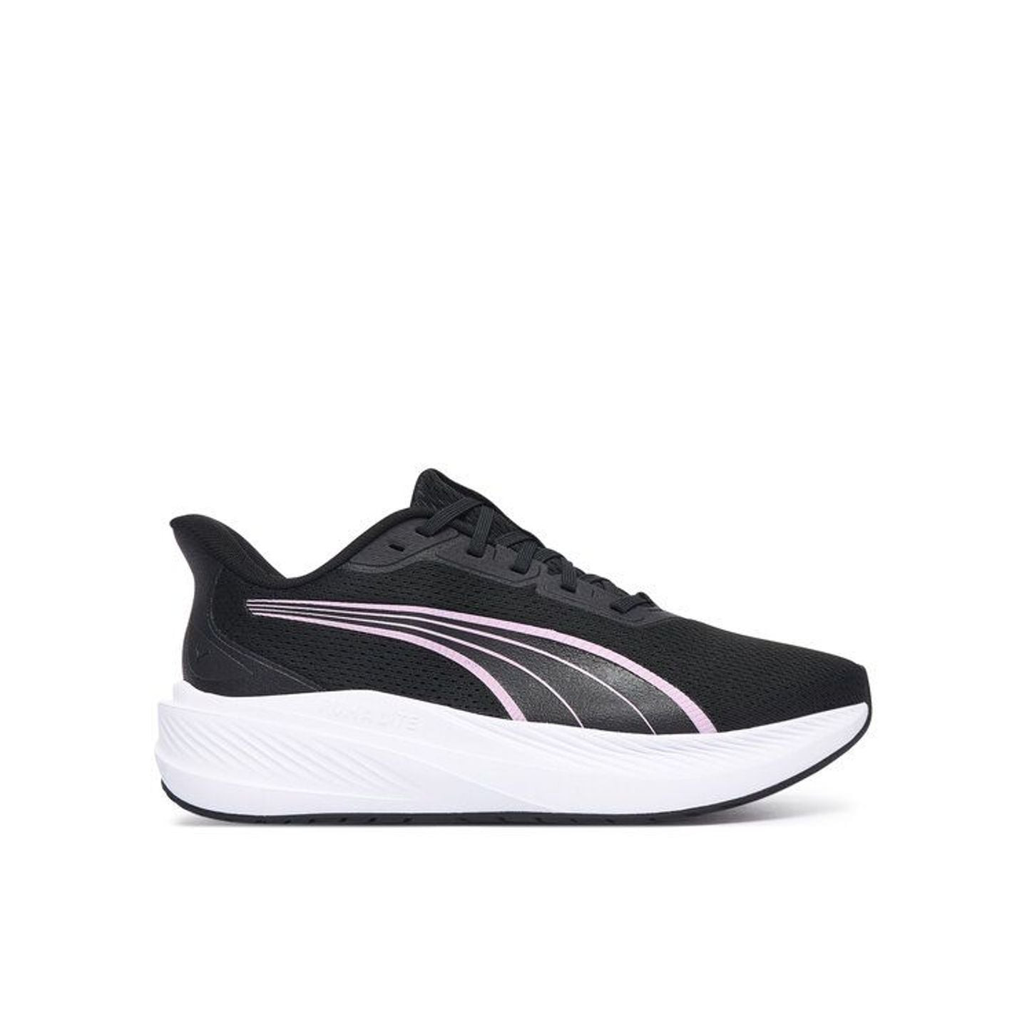 Profil latéral de la chaussure de running PUMA Dasher Lite noire en mesh, rayures roses et semelle i