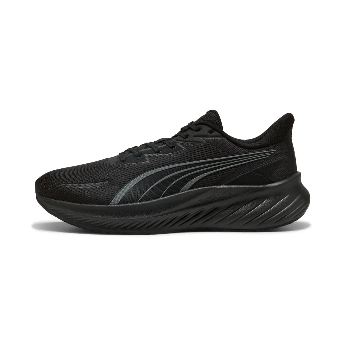 Profil latéral de la Puma Pounce Lite 2 noire, tige en mesh et semelle intermédiaire PUMALite