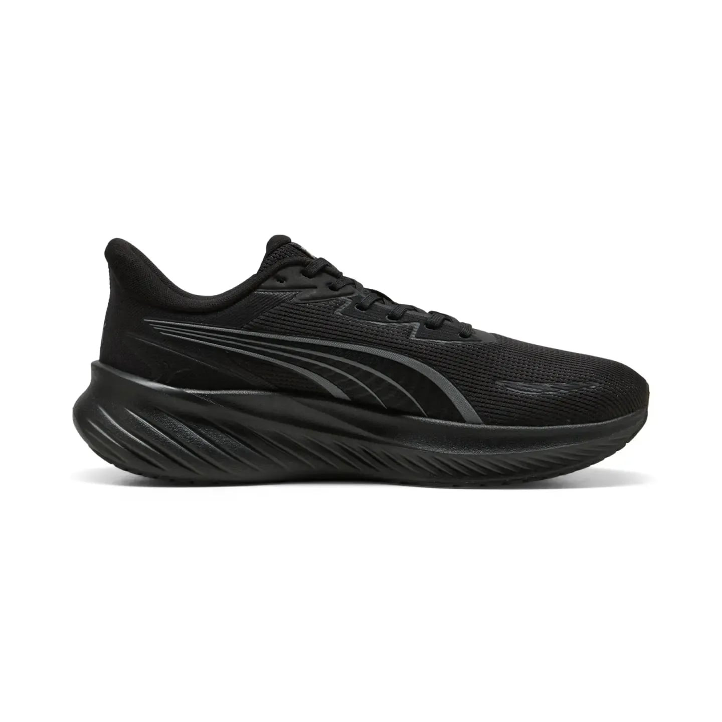 Profil droit de la chaussure de running Puma Pounce Lite 2 noire, semelle PUMALite sculptée et tige 