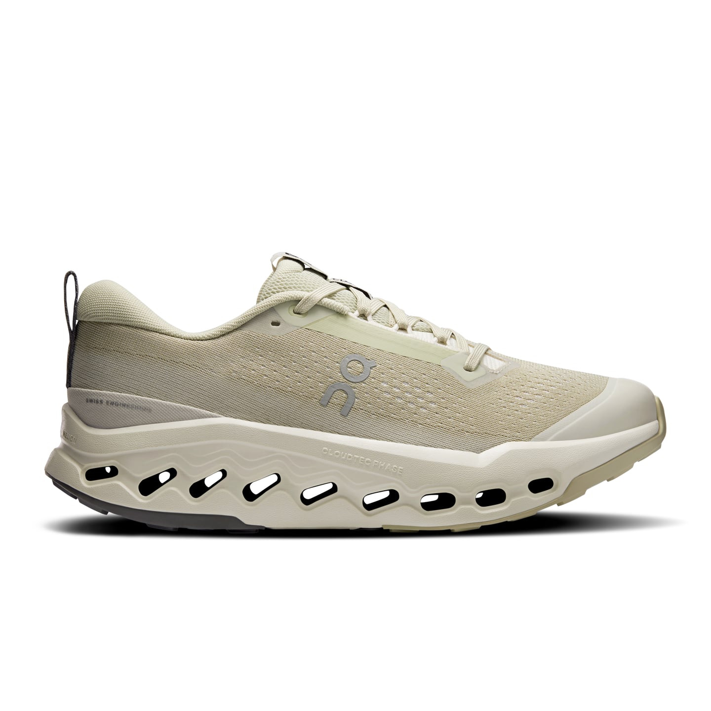 Profil latéral de la chaussure de trail On Cloudsurfer Trail 2 beige avec amorti CloudTec Phase et s