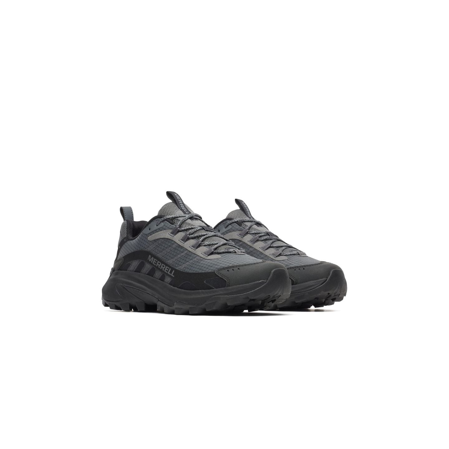 Paire de chaussures de trail Merrell Moab Speed 2 Sport pour homme, grises et noires, vue de trois q
