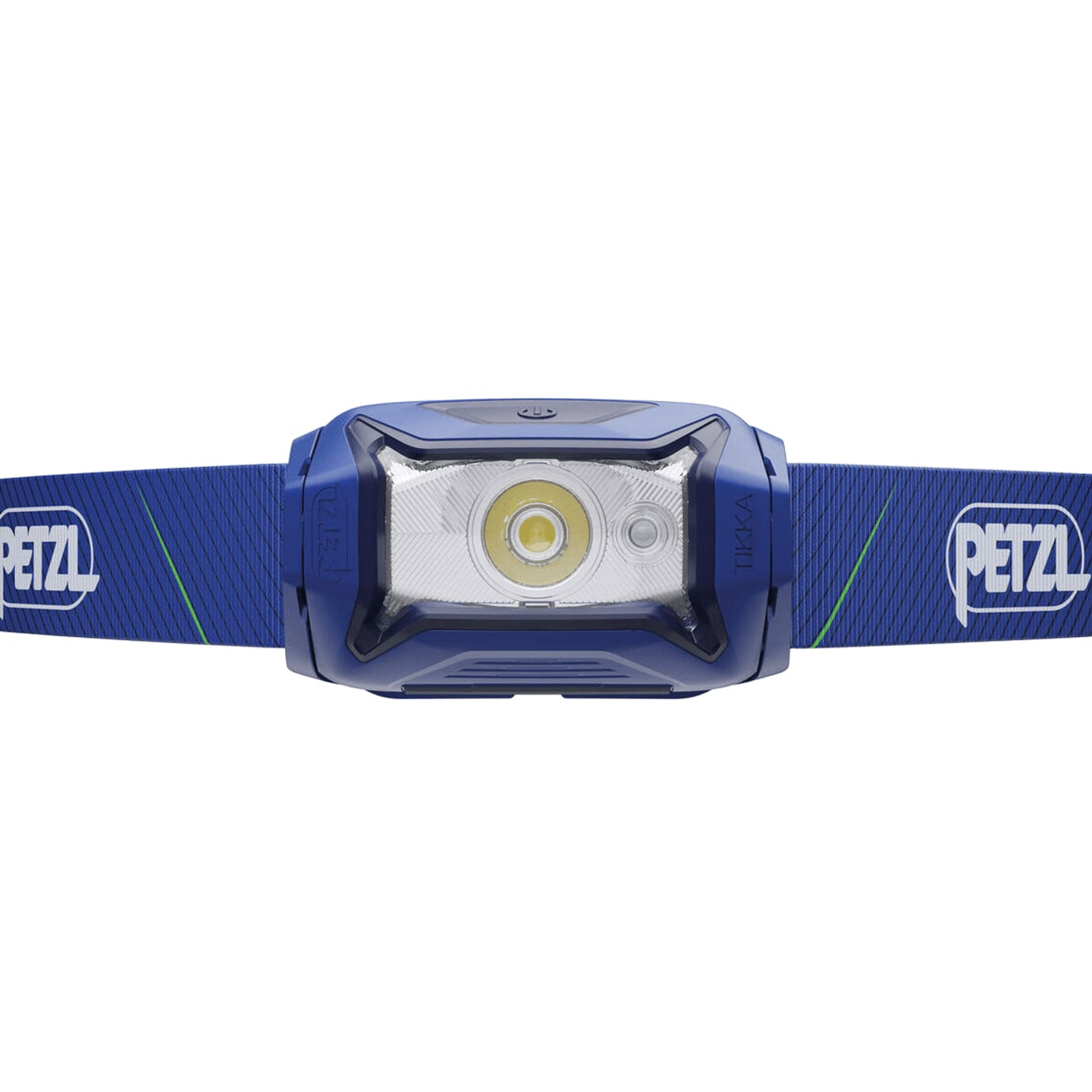 Vue de face de la lampe frontale rechargeable Petzl TIKKA CORE BLUE avec LED blanche, LED rouge et b