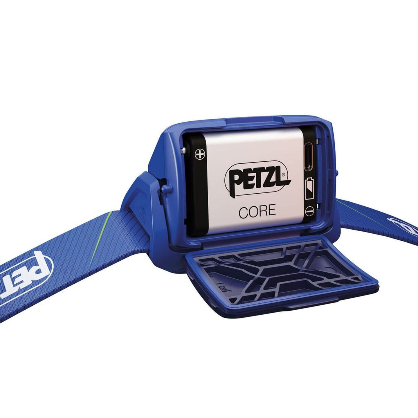 Lampe frontale Petzl TIKKA CORE BLUE avec compartiment batterie ouvert laissant apparaître la batter