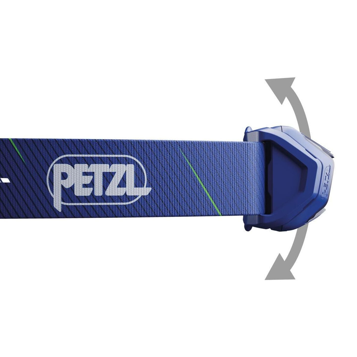 Détail latéral de la lampe frontale Petzl TIKKA CORE BLUE montrant les flèches du corps inclinable s