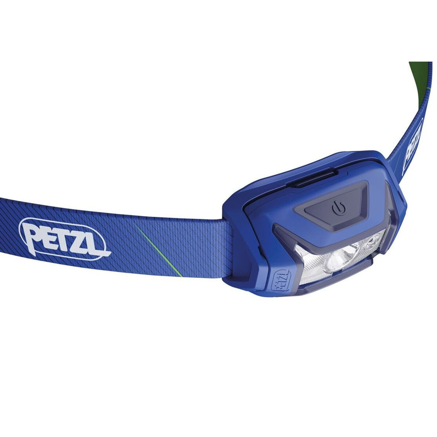 Vue inclinée de la lampe frontale Petzl TIKKA CORE BLUE montrant le bouton d’alimentation unique sur