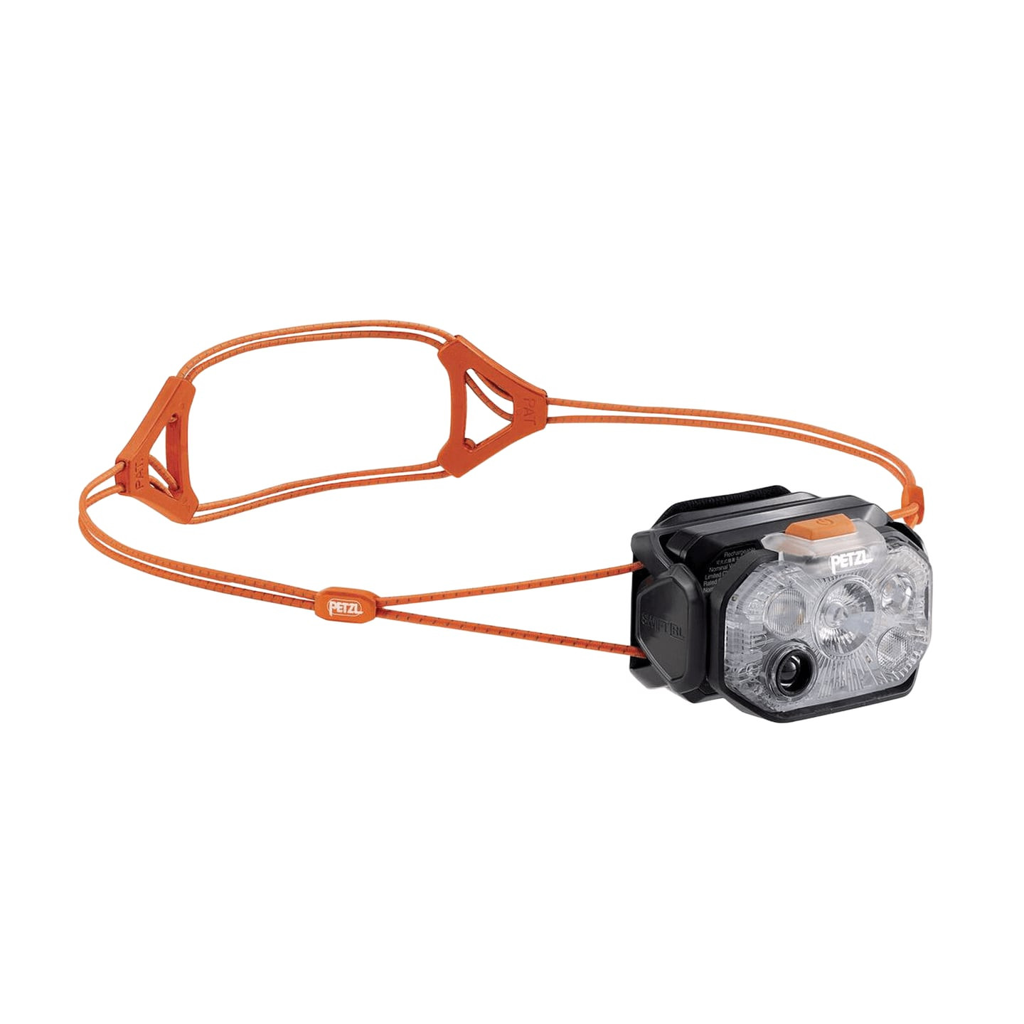 Lampe frontale Petzl Swift RL noire et orange vue de biais avec bandeau à cordon et boîtier