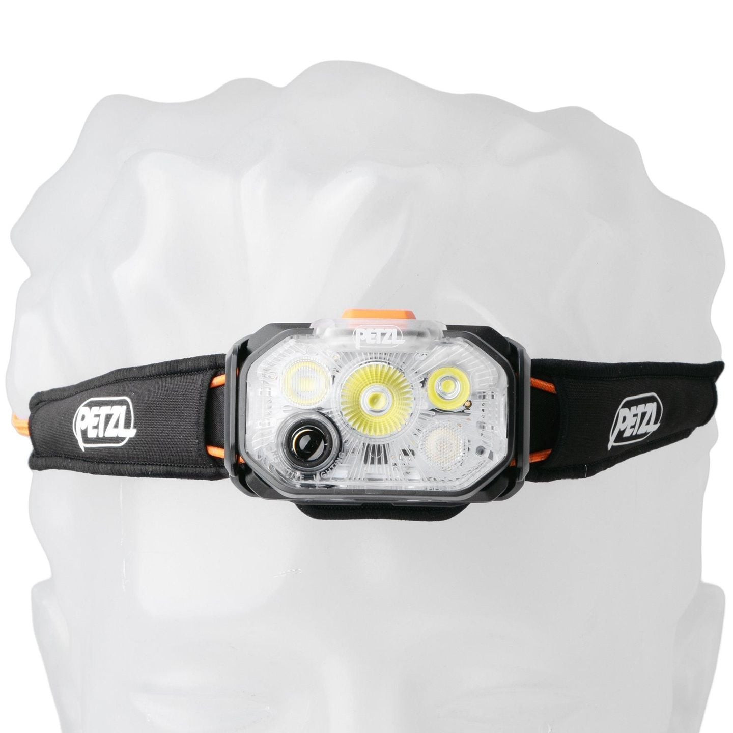 Lampe frontale Petzl Swift RL sur tête de mannequin, vue de face, sangle noire et orange