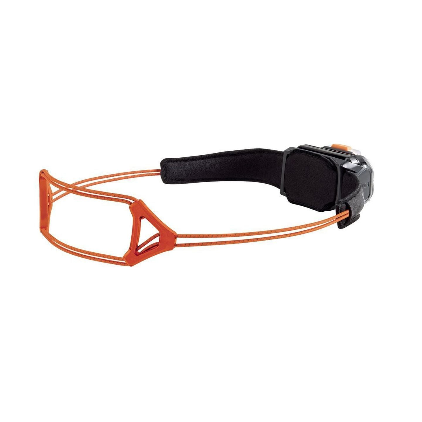 Profil latéral de la lampe frontale Petzl Swift RL avec cordon orange et bandeau noir rembourré