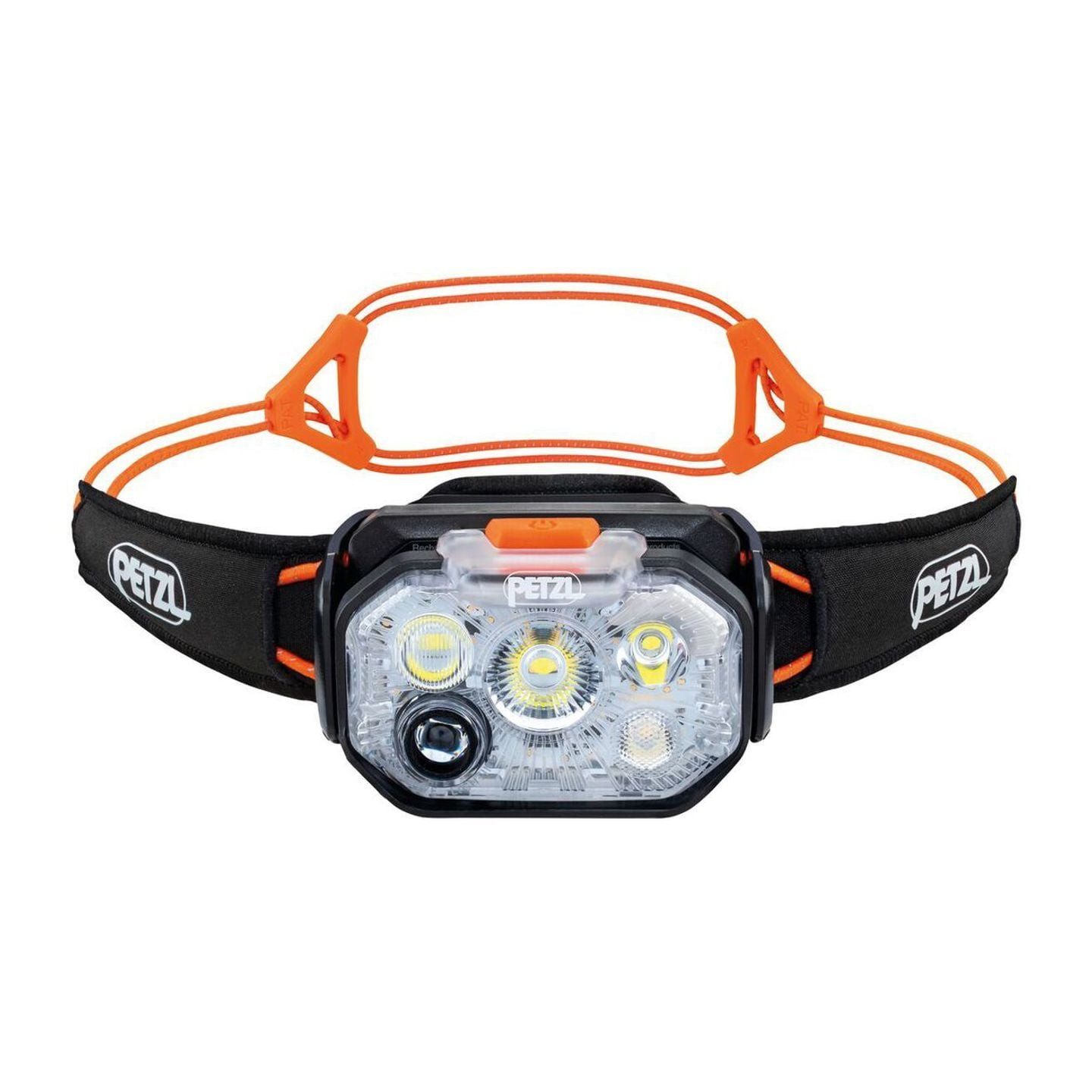 Lampe frontale rechargeable Petzl Swift RL noire et orange, vue de face, lentille multi-LED et bande