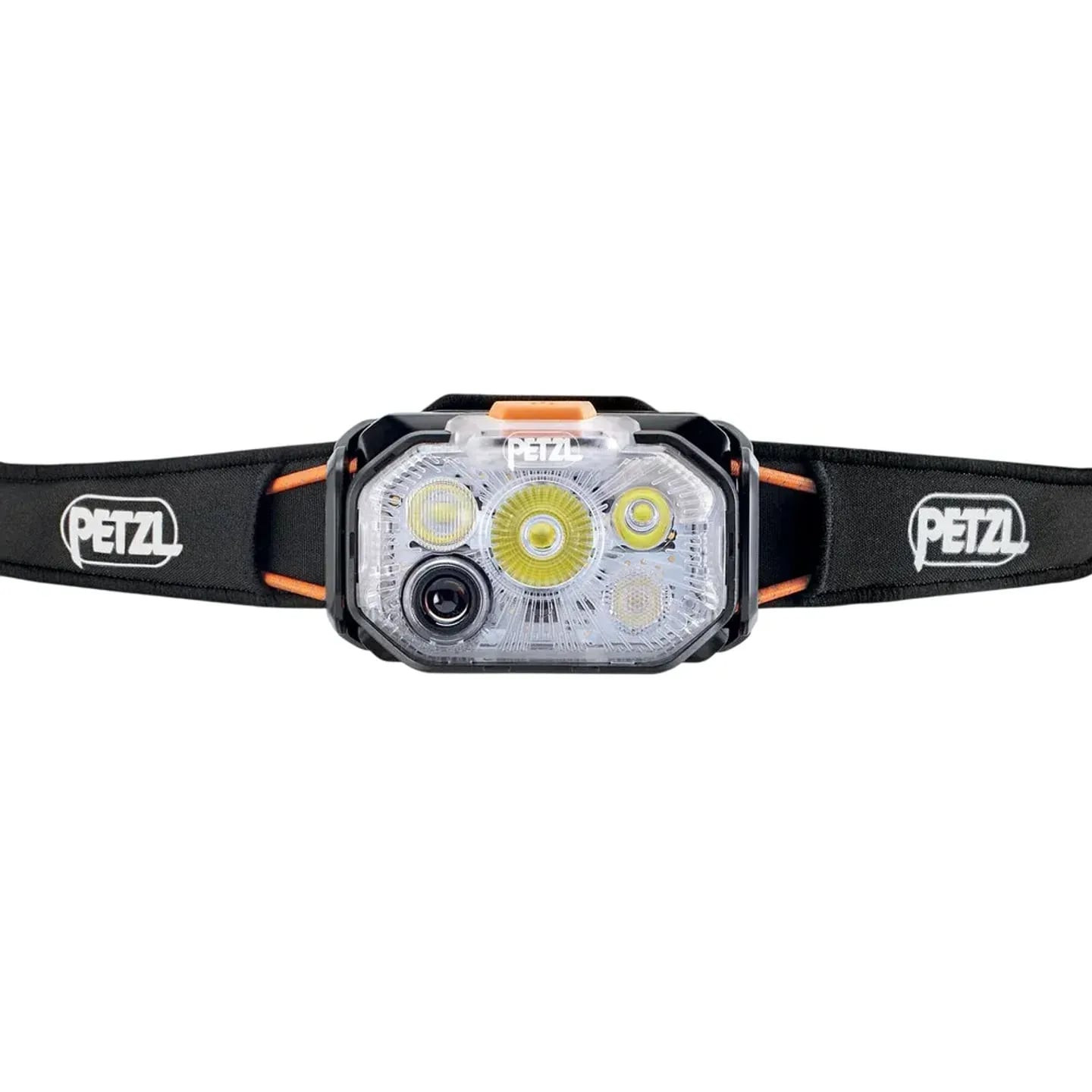 Lampe frontale Petzl Swift RL noire et orange, vue de face, bandeau large avec logo, fond blanc