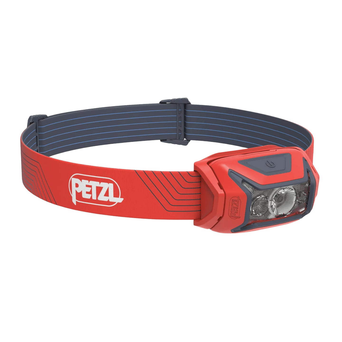 Lampe frontale Petzl Actik rouge avec bandeau élastique gris et lentille à trois LED, vue studio