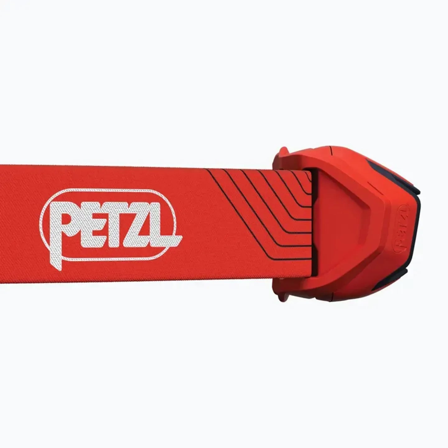 Gros plan sur le bandeau élastique rouge Petzl Actik avec logo blanc et boucle réglable