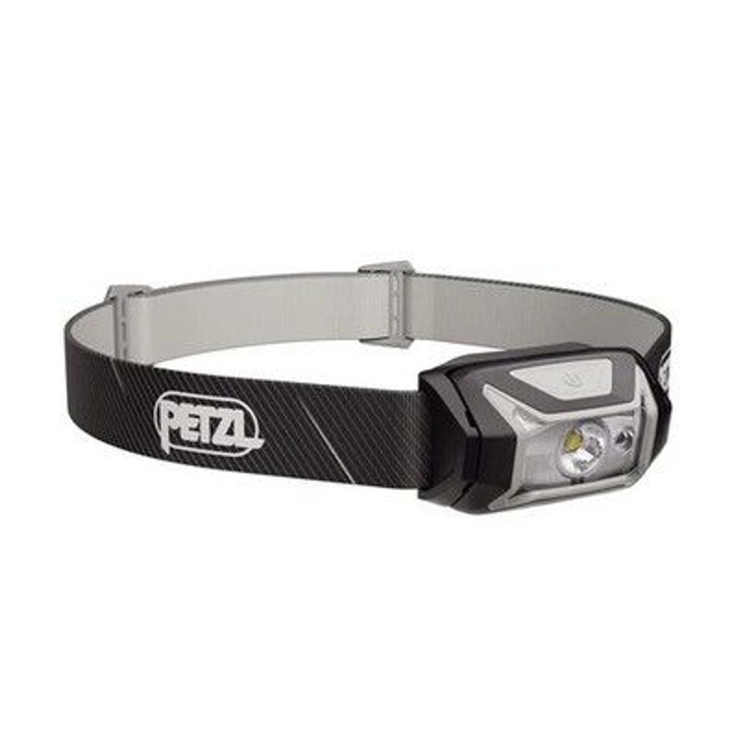 Lampe frontale Petzl TIKKA noire et grise, vue de côté avec bandeau réglable et corps compact inclin