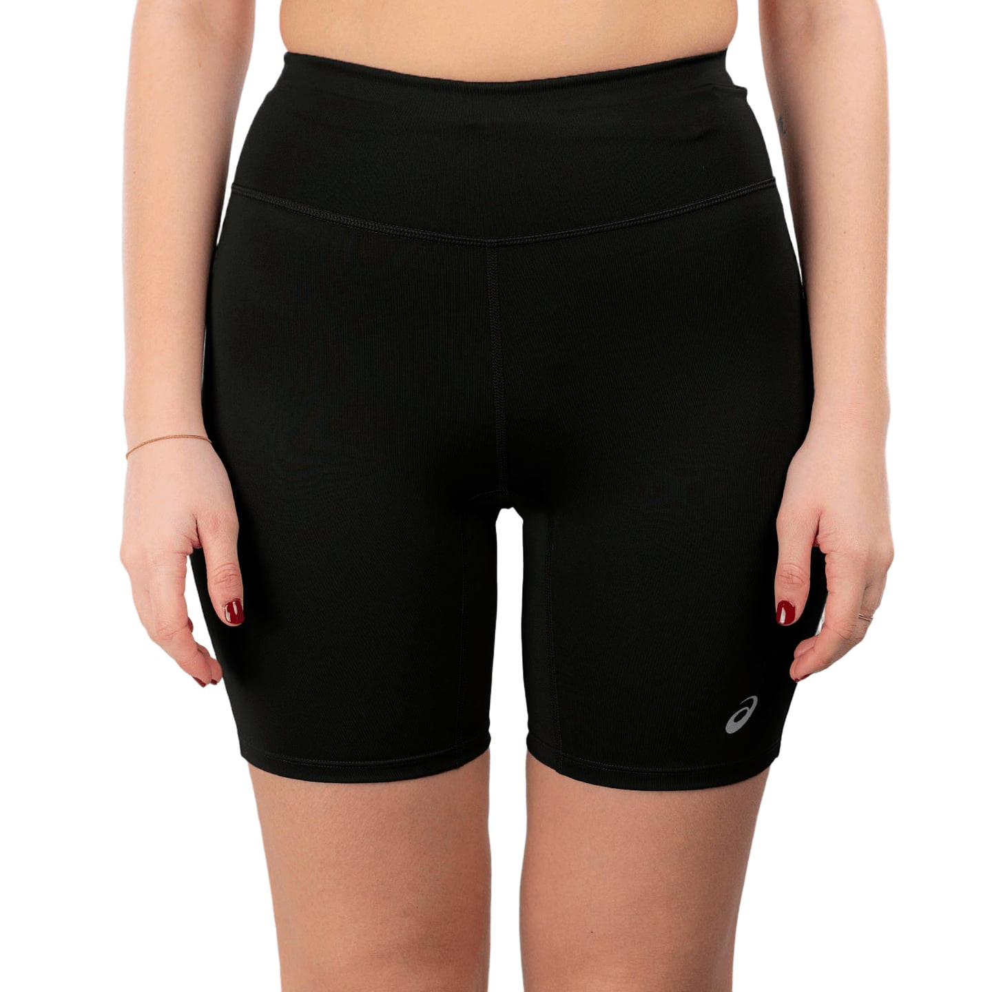Vue de face rapprochée du cuissard de compression noir ASICS Core Sprinter femme avec logo réfléchis