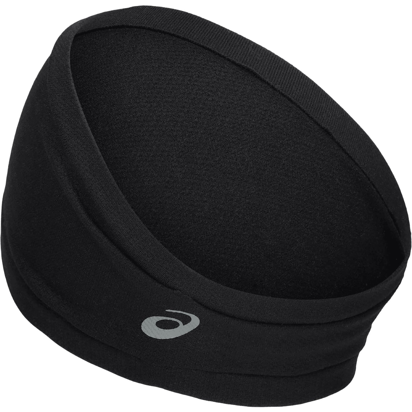 Bandeau ASICS Performance noir vu de côté avec logo gris sur le devant.
