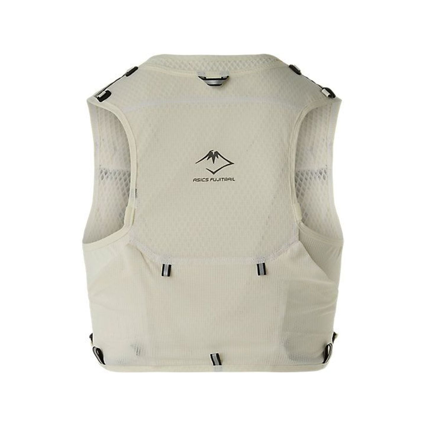 Vue arrière du gilet ASICS Fujitrail montrant le panneau dorsal en mesh léger avec le logo mont Fuji