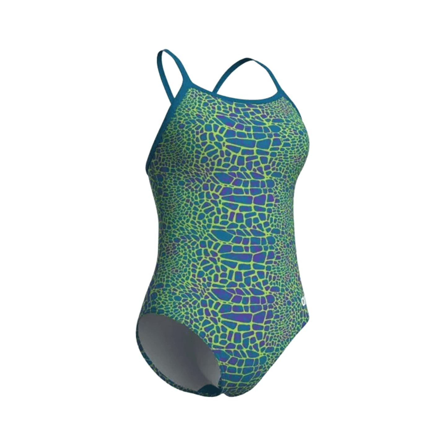 Maillot de bain femme Arena imprimé peau de serpent vert et bleu, dos Lightdrop et fines bretelles, 
