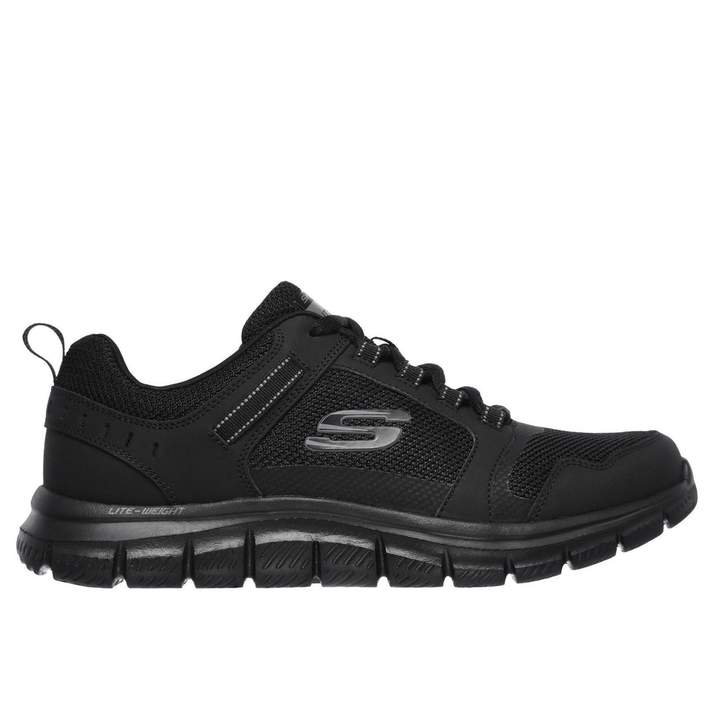 Profil latéral de la basket noire Skechers Track Knockhill pour homme, col rembourré et semelle inte