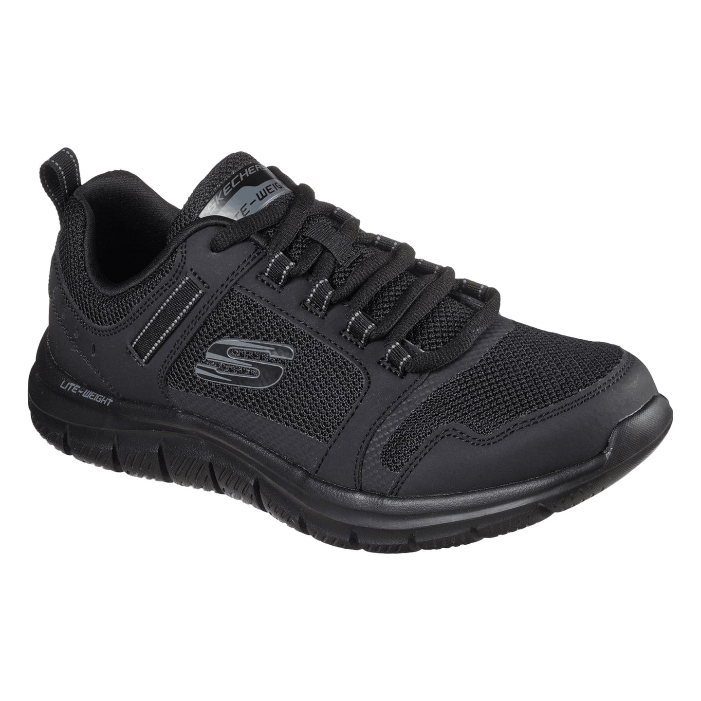 Baskets athlétiques homme Skechers Track Knockhill noires, vue de côté avec tige en cuir et mesh et 
