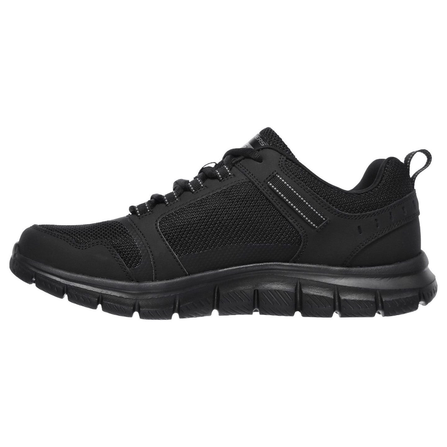 Côté intérieur de la basket noire Skechers Track Knockhill avec panneaux en mesh respirant et tirett