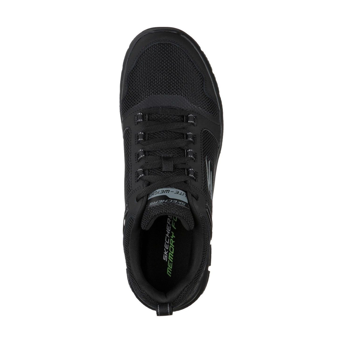 Vue de dessus de la basket noire Skechers Track Knockhill avec semelle intérieure Memory Foam et laç